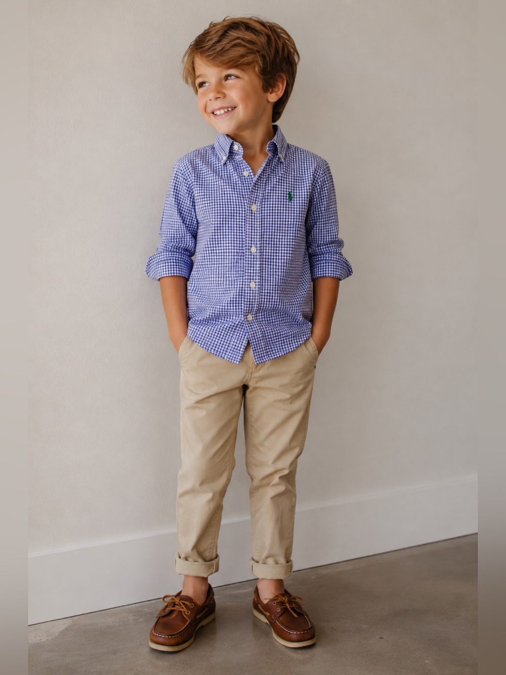 Ralph Lauren Boys Blue Gingham Button Down Shirt Size 6 Long Sleeve Cotton Kids